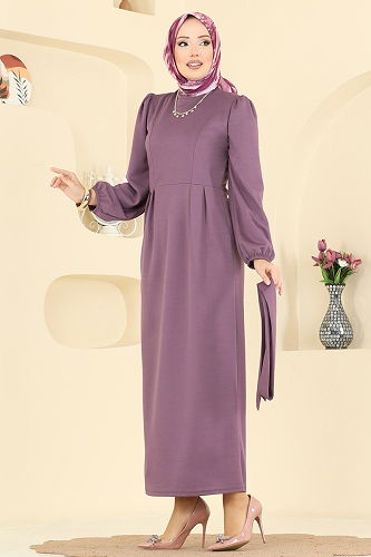 moda selvim Manşet Lastikli Kuşaklı Elbise 25008UKB139 Gül Kurusu - Thumbnail