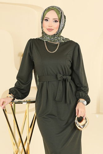 moda selvim Manşet Lastikli Kuşaklı Elbise 25008UKB139 Haki - Thumbnail