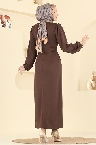 moda selvim Manşet Lastikli Kuşaklı Elbise 25008UKB139 Kahve - Thumbnail