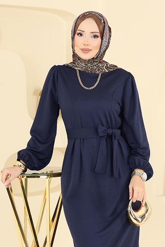 moda selvim Manşet Lastikli Kuşaklı Elbise 25008UKB139 Laci - Thumbnail