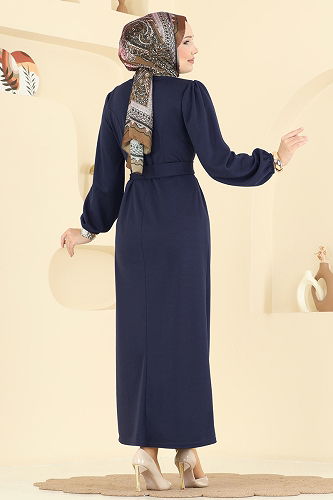 moda selvim Manşet Lastikli Kuşaklı Elbise 25008UKB139 Laci - Thumbnail