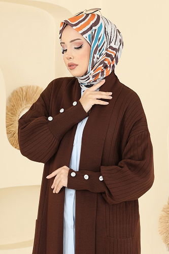 moda selvim Manşeti Aksesuar Düğmeli Hırka 7146BRZ597 Kahve - Thumbnail