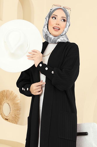 moda selvim Manşeti Aksesuar Düğmeli Hırka 7146BRZ597 Siyah - Thumbnail