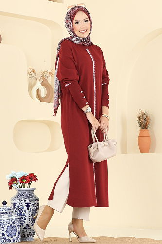 moda selvim Manşeti Aksesuar Düğmeli Tunik 0021KLB1050 Bordo - Thumbnail