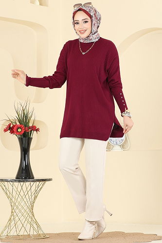 moda selvim Manşeti Aksesuar Düğmeli Tunik 2425UZ662 Bordo - Thumbnail