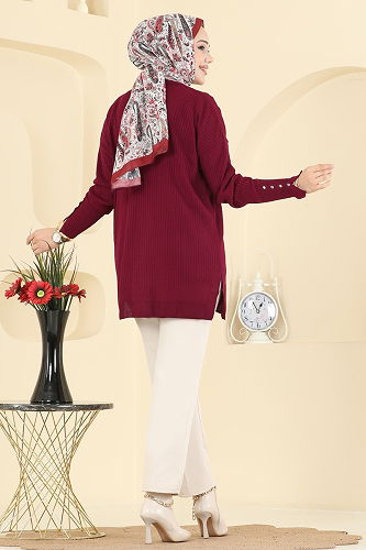 moda selvim Manşeti Aksesuar Düğmeli Tunik 2425UZ662 Bordo - Thumbnail