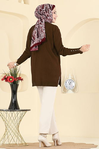 moda selvim Manşeti Aksesuar Düğmeli Tunik 2425UZ662 Kahve - Thumbnail