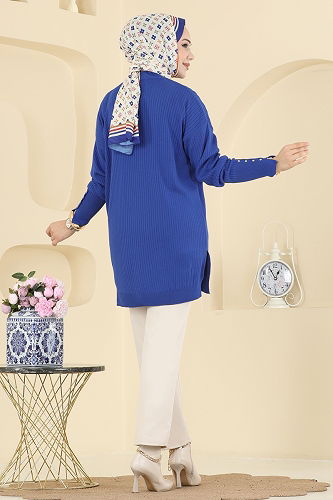 moda selvim Manşeti Aksesuar Düğmeli Tunik 2425UZ662 Saks - Thumbnail