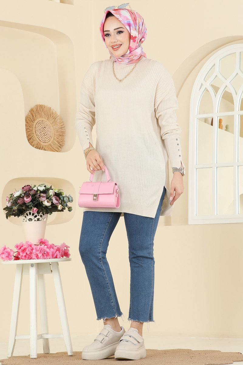 Manşeti Aksesuar Düğmeli Tunik 2425UZ662 Taş
