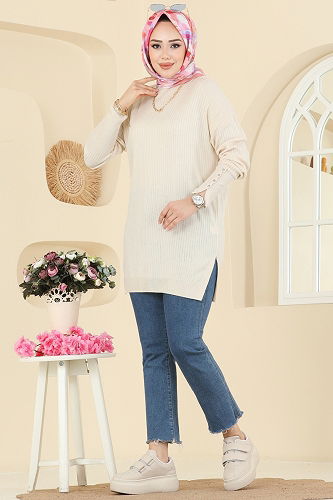 moda selvim Manşeti Aksesuar Düğmeli Tunik 2425UZ662 Taş - Thumbnail