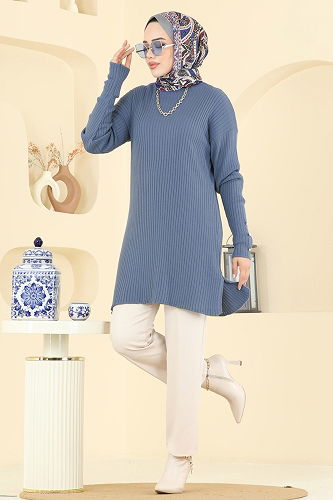 moda selvim Manşeti Aksesuar Düğmeli Tunik 2714AYD574 İndigo - Thumbnail