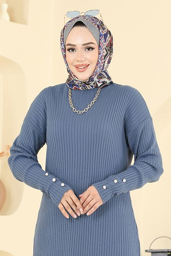 moda selvim Manşeti Aksesuar Düğmeli Tunik 2714AYD574 İndigo - Thumbnail