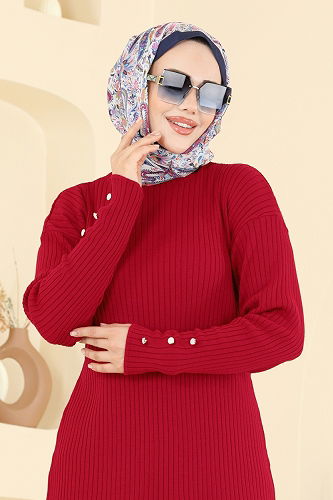 moda selvim Manşeti Aksesuar Düğmeli Tunik 2714AYD574 Kırmızı - Thumbnail