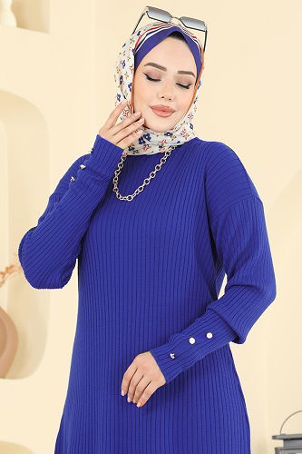 moda selvim Manşeti Aksesuar Düğmeli Tunik 2714AYD574 Saks - Thumbnail