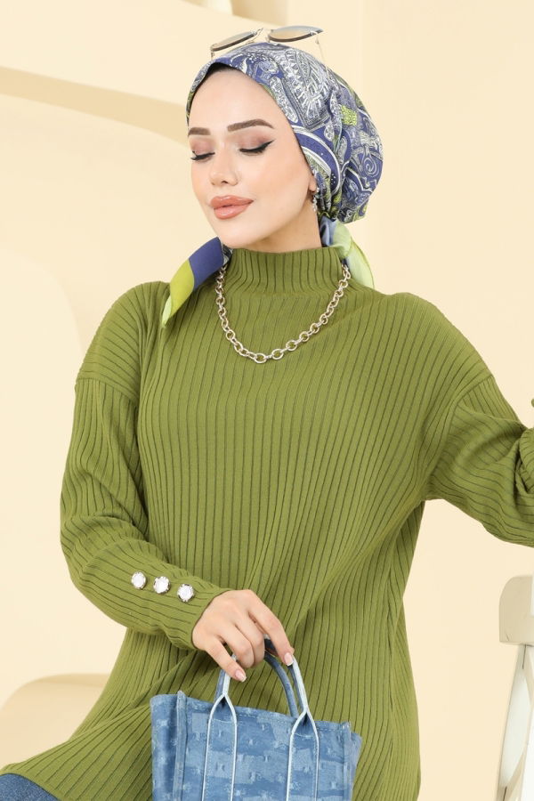 Modaselvim SEPETTE NET %20+%20 İNDİRİM Manşeti Aksesuar Düğmeli Tunik 2714AYD574 Yağ Yeşili