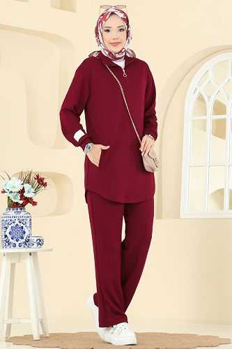 moda selvim Manşeti Armalı Modal Takım 2740AYD574 Bordo - Thumbnail