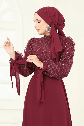 moda selvim Manşeti Bağcık Detaylı Şifon Abiye 5704EDF311 Bordo - Thumbnail