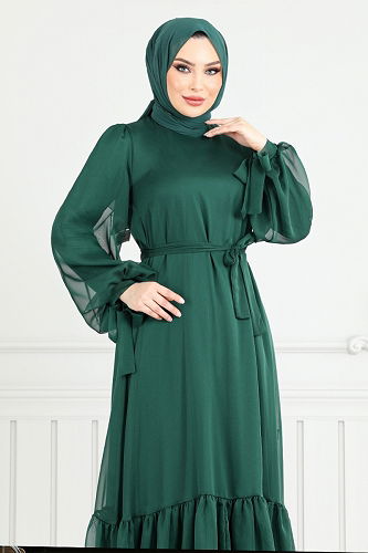 moda selvim Manşeti Bağcıklı Abiye 5678END900-M Zümrüt - Thumbnail