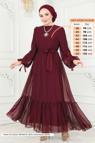 moda selvim Manşeti Bağcıklı Abiye Elbise 5678EDF311 Bordo - Thumbnail
