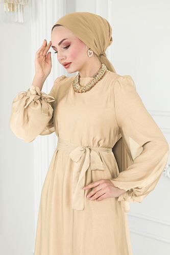 moda selvim Manşeti Bağcıklı Abiye Elbise 5678EDF311 Gold - Thumbnail