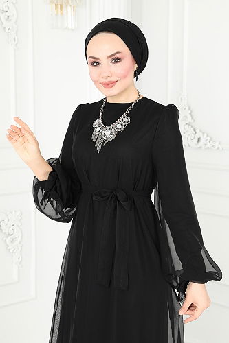 moda selvim Manşeti Bağcıklı Abiye Elbise 5678EDF311 Siyah - Thumbnail