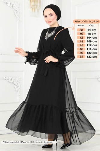 moda selvim Manşeti Bağcıklı Abiye Elbise 5678EDF311 Siyah - Thumbnail