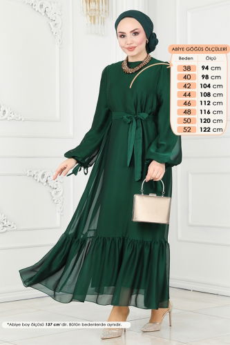 moda selvim Manşeti Bağcıklı Abiye Elbise 5678EDF311 Zümrüt - Thumbnail