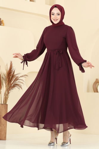 moda selvim Manşeti Bağcıklı Abiye Elbise 6217BSK463 Bordo - Thumbnail