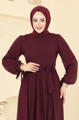 moda selvim Manşeti Bağcıklı Abiye Elbise 6217BSK463 Bordo - Thumbnail