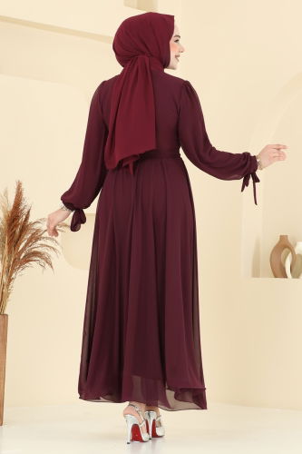 moda selvim Manşeti Bağcıklı Abiye Elbise 6217BSK463 Bordo - Thumbnail