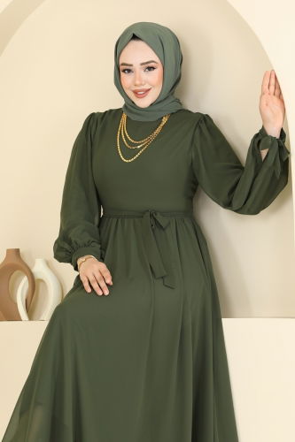 moda selvim Manşeti Bağcıklı Abiye Elbise 6217BSK463 Haki - Thumbnail