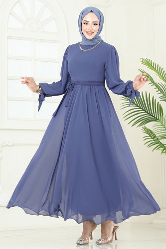 moda selvim Manşeti Bağcıklı Abiye Elbise 6217BSK463 İndigo - Thumbnail