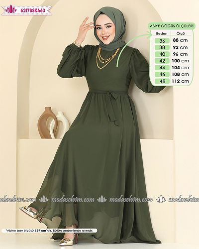 moda selvim Manşeti Bağcıklı Abiye Elbise 6217BSK463 Koyu Haki - Thumbnail