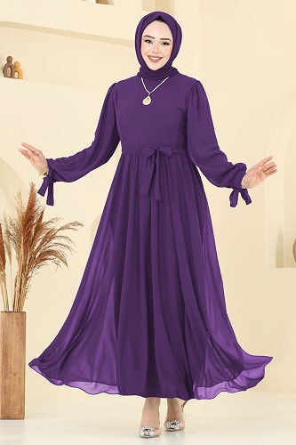 moda selvim Manşeti Bağcıklı Abiye Elbise 6217BSK463 Mor - Thumbnail