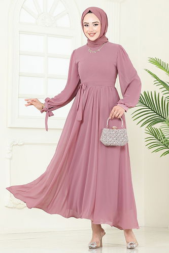 moda selvim Manşeti Bağcıklı Abiye Elbise 6217BSK463 Pudra - Thumbnail