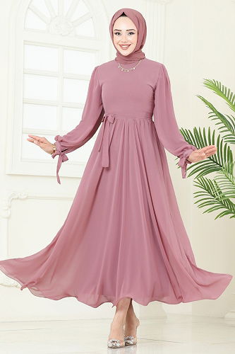 moda selvim Manşeti Bağcıklı Abiye Elbise 6217BSK463 Pudra - Thumbnail