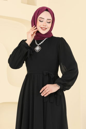 moda selvim Manşeti Bağcıklı Abiye Elbise 6217BSK463 Siyah - Thumbnail