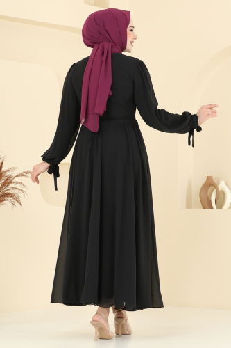 moda selvim Manşeti Bağcıklı Abiye Elbise 6217BSK463 Siyah - Thumbnail