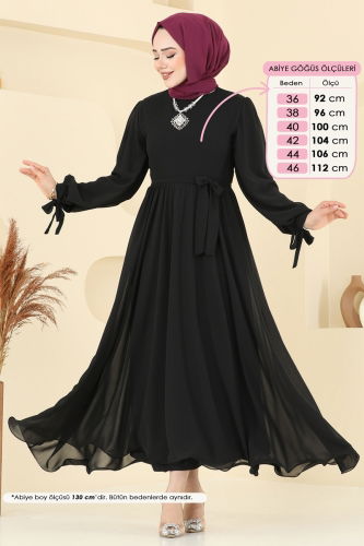 moda selvim Manşeti Bağcıklı Abiye Elbise 6217BSK463 Siyah - Thumbnail