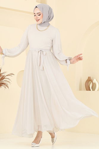 moda selvim Manşeti Bağcıklı Abiye Elbise 6217BSK463 Taş - Thumbnail