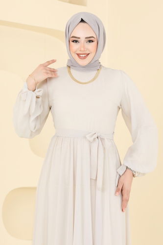 moda selvim Manşeti Bağcıklı Abiye Elbise 6217BSK463 Taş - Thumbnail