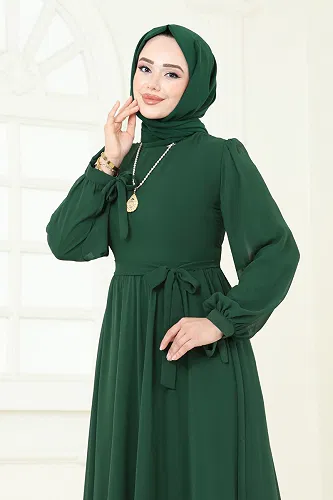 moda selvim Manşeti Bağcıklı Abiye Elbise 6217BSK463 Zümrüt - Thumbnail