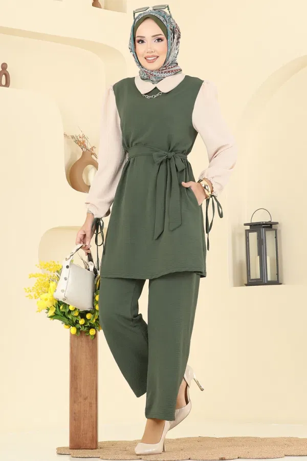 Modaselvim Kombin Manşeti Bağcıklı Aerobin Takım PL9172 Haki