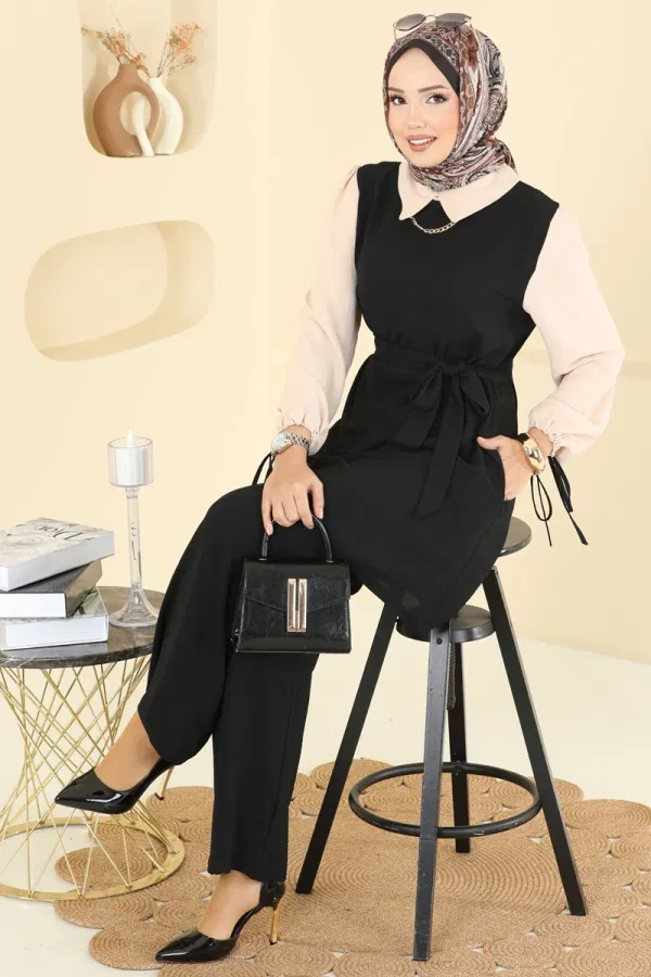 Modaselvim Kombin Manşeti Bağcıklı Aerobin Takım PL9172 Siyah