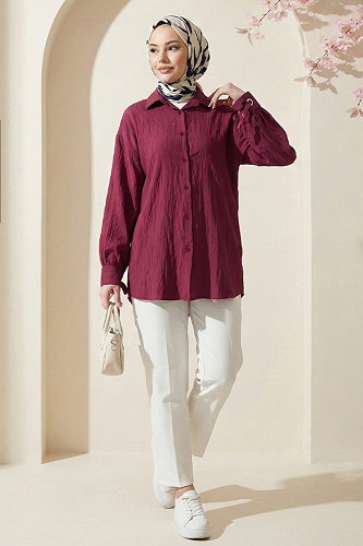 moda selvim Manşeti Bağcıklı Dokuma Gömlek 5218NFC915-M Bordo - Thumbnail