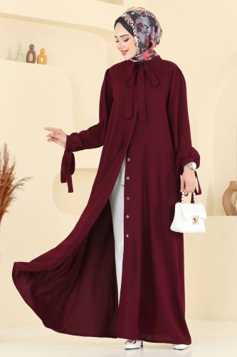 moda selvim Manşeti Bağcıklı Elbise Ferace 0039BG354 Bordo - Thumbnail