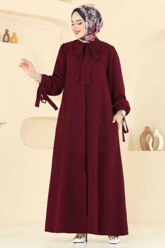 moda selvim Manşeti Bağcıklı Elbise Ferace 0039BG354 Bordo - Thumbnail