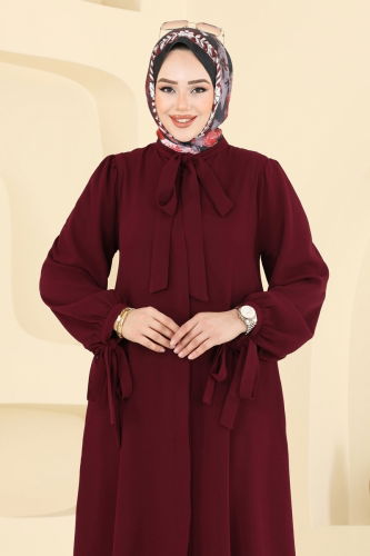 moda selvim Manşeti Bağcıklı Elbise Ferace 0039BG354 Bordo - Thumbnail