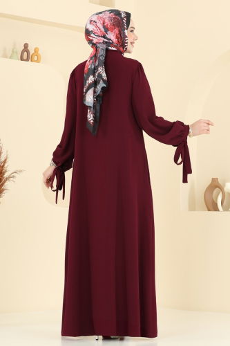 moda selvim Manşeti Bağcıklı Elbise Ferace 0039BG354 Bordo - Thumbnail