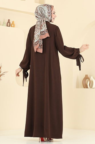 moda selvim Manşeti Bağcıklı Elbise Ferace 0039BG354 Kahve - Thumbnail